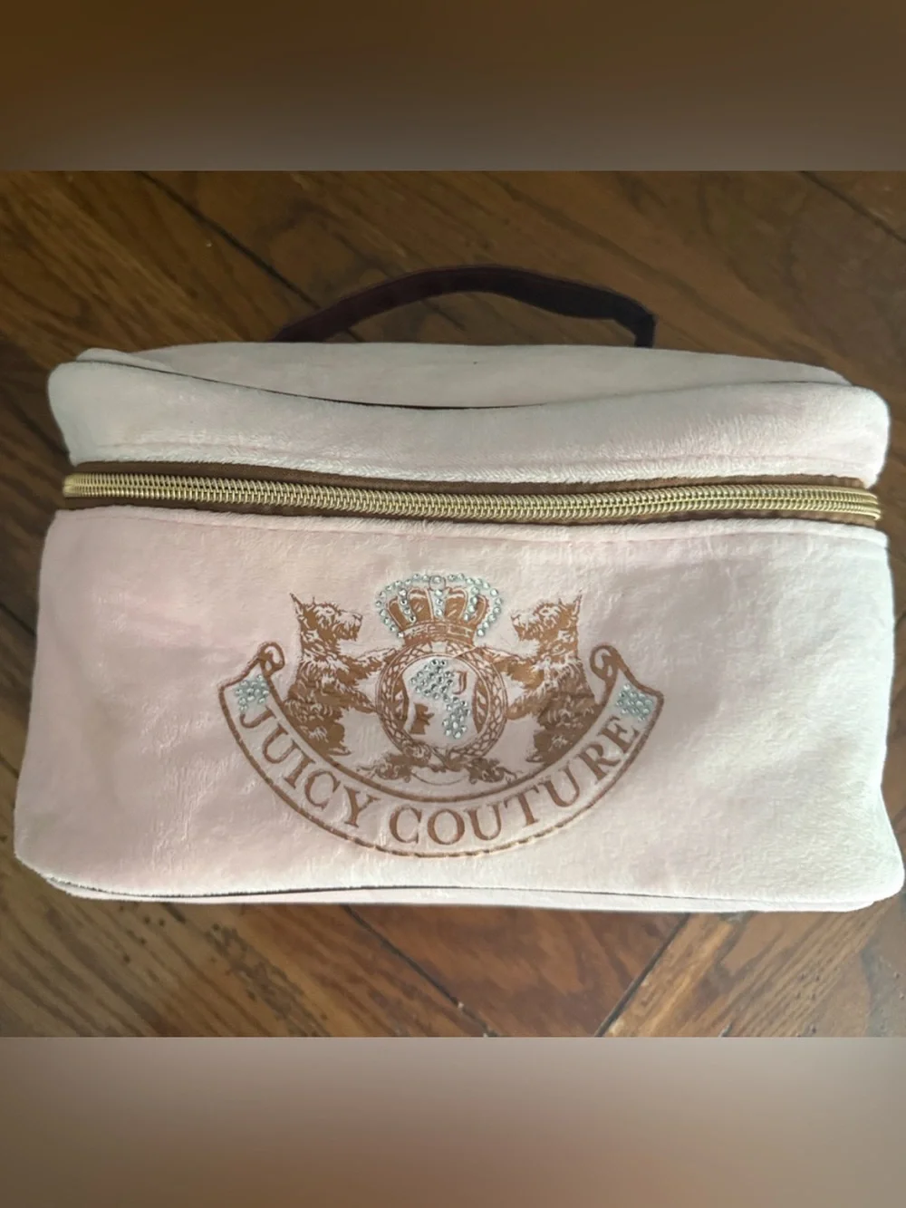 Juicy Couture pink and gold zippered train case cosmetic makeup bag